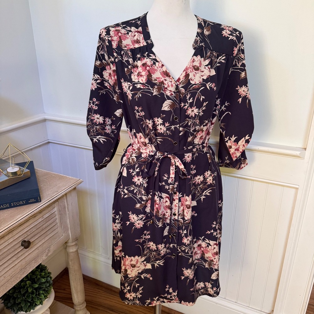 41 Hawthorn Womens Navy Pink Floral Tie Waist Button Front Shirtdress‎ Size M